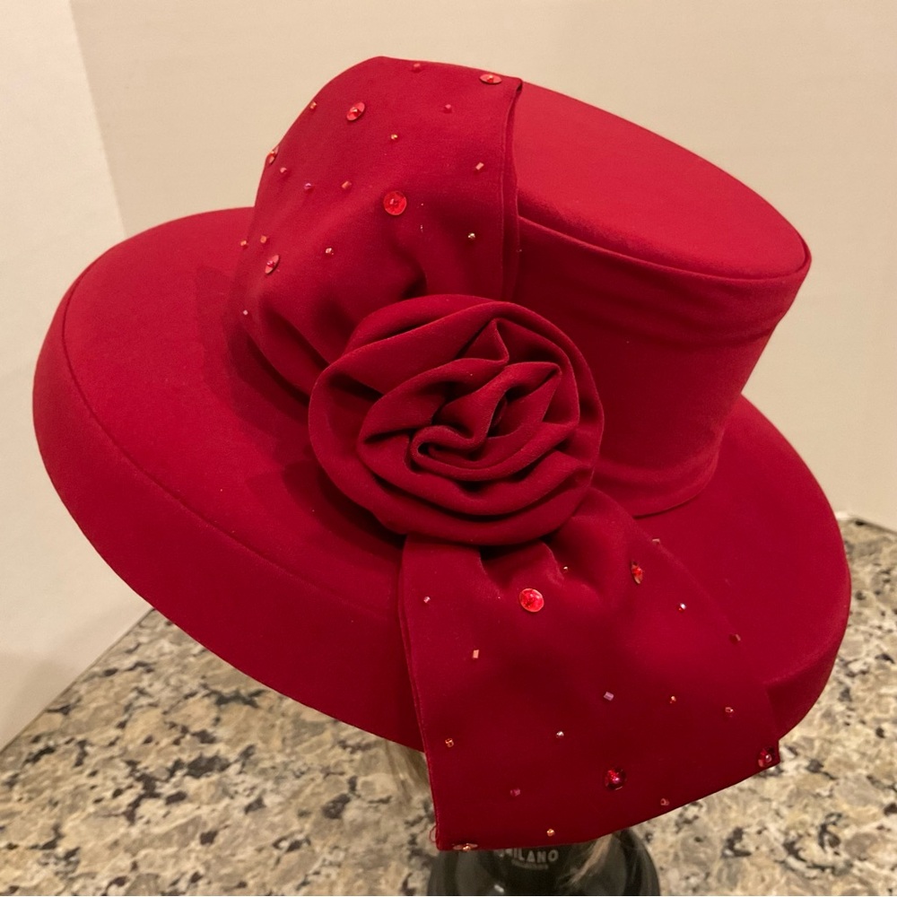 Elegant Red Women's Dress Hat with Rosette and Embellishments